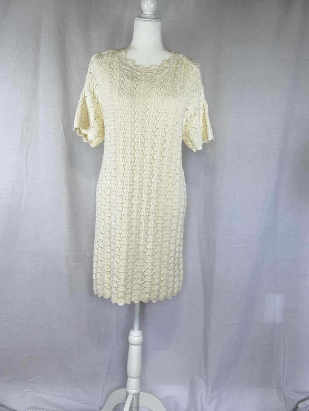 A New Day Cream Crochet Knit Dress Lace Short Sleeve Boho Cottagecore Size L